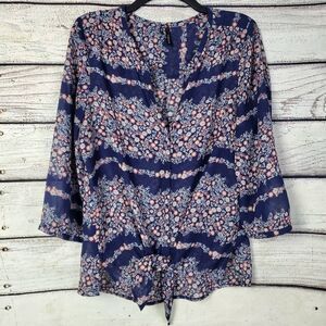 Maurices Women's Blouse Large Navy Floral Striped Tie Front Sheer 3/4 Sleeve Top